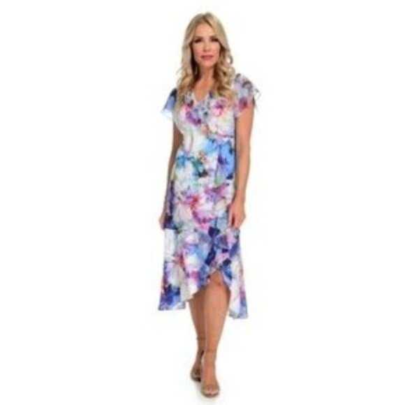 Kate & Mallory Womens Floral Midi Dress Ruffle Accent & Flutter Sleeves Size 2X - Picture 1 of 12